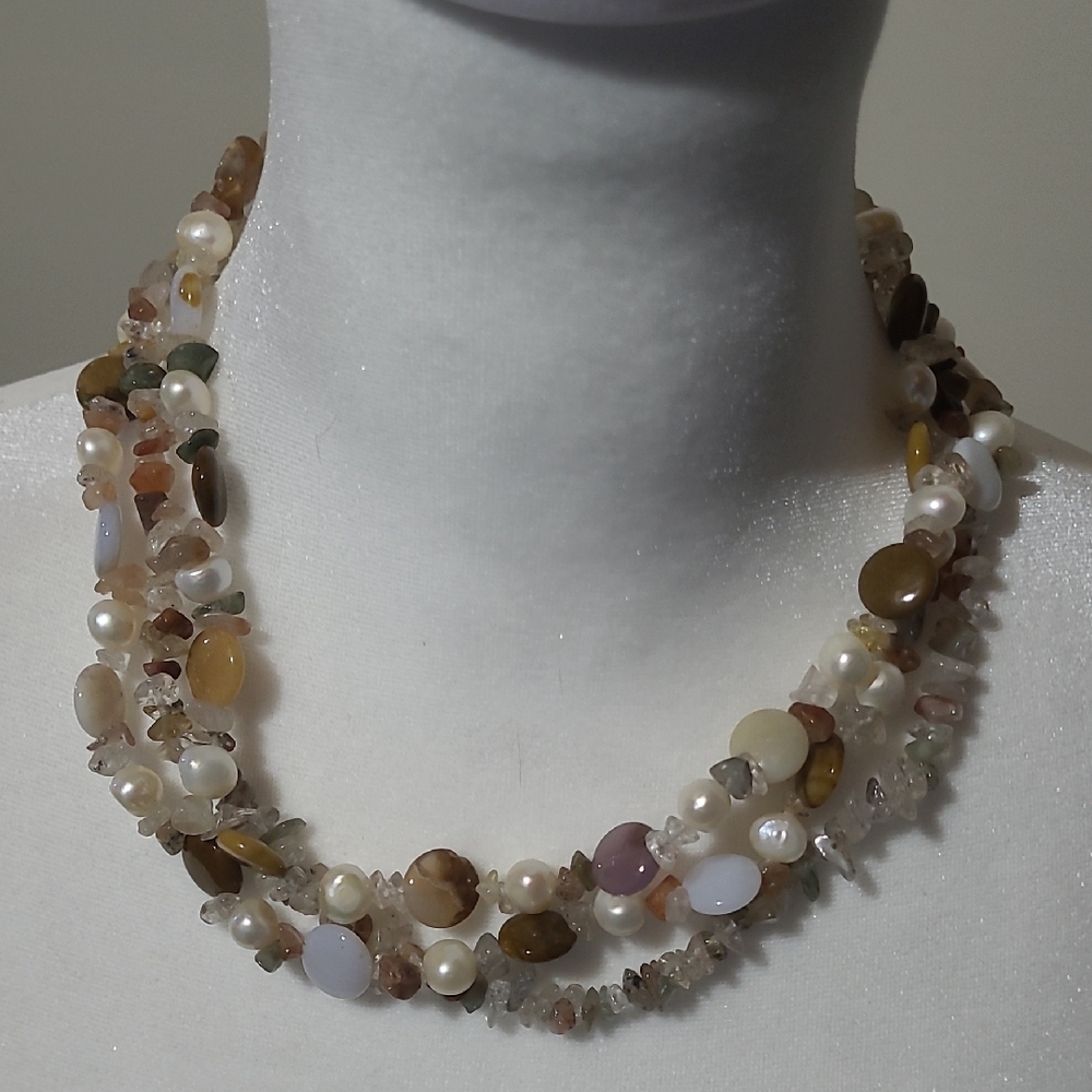 Boho 3-Strand Freshwater Pearl & Mixed Gemstone Statement Necklace